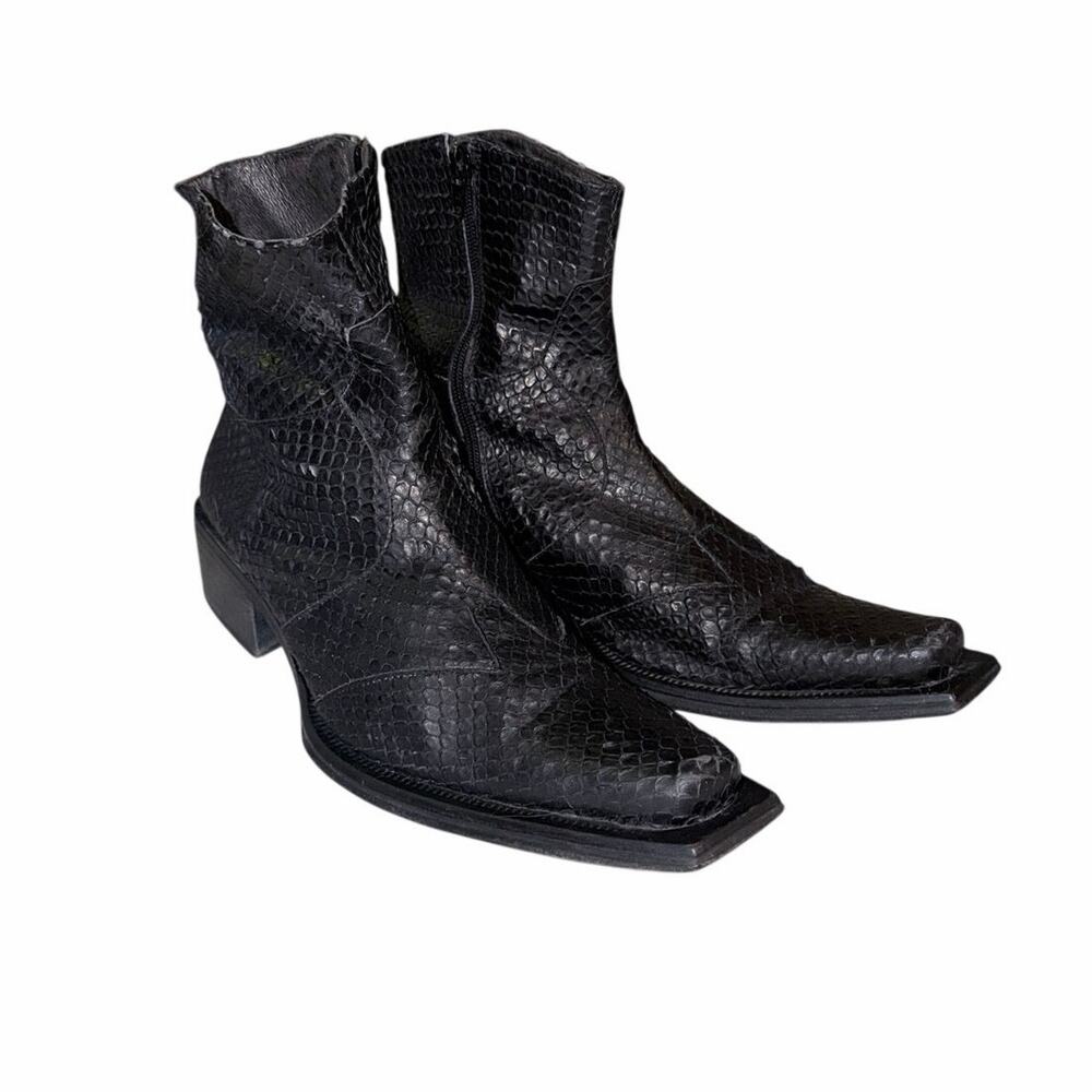 JAPE Italy Men 43 US 10 Black Snakeskin texture leather snip Toe Zip Boots Y2K - Picture 1 of 10